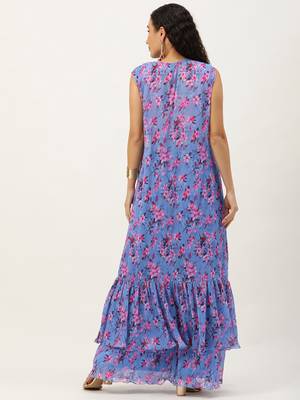 Ethnovog ready to wear blue pleated georgette printed jacket set 2