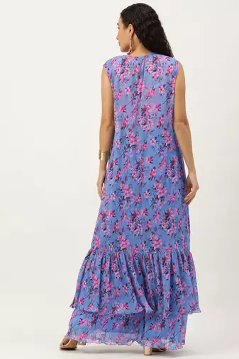 Ethnovog ready to wear blue pleated georgette printed jacket set