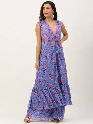 Ethnovog ready to wear blue pleated georgette printed jacket set 3
