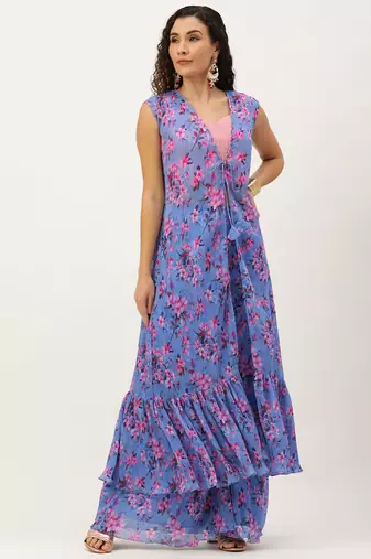 Ethnovog ready to wear blue pleated georgette printed jacket set