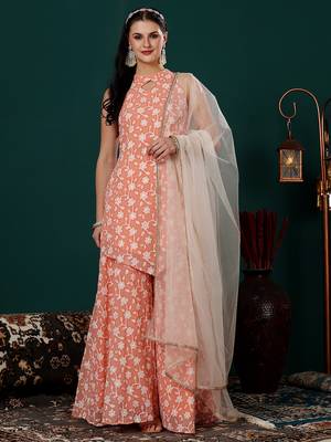 Ethnovog ready to wear peach embroidered georgette palazzo suit 1
