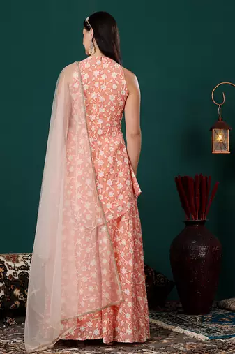 Ethnovog ready to wear peach embroidered georgette palazzo suit