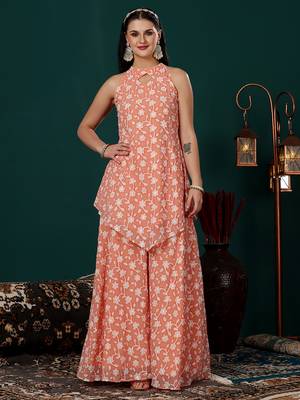 Ethnovog ready to wear peach embroidered georgette palazzo suit 3