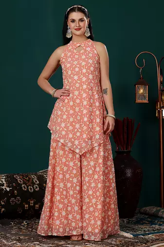 Ethnovog ready to wear peach embroidered georgette palazzo suit