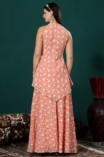 Ethnovog ready to wear peach embroidered georgette palazzo suit