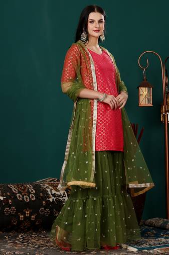 Ethnovog ready to wear pink jacquard n green net gharara suit