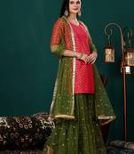 Ethnovog ready to wear pink jacquard n green net gharara suit