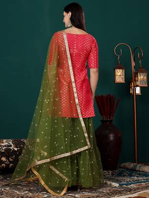 Ethnovog ready to wear pink jacquard n green net gharara suit 2