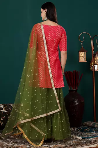 Ethnovog ready to wear pink jacquard n green net gharara suit