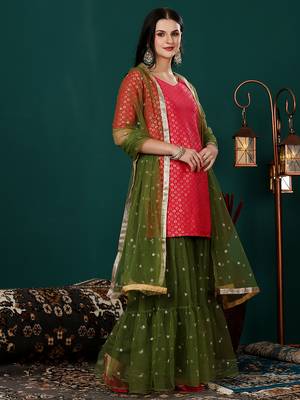 Ethnovog ready to wear pink jacquard n green net gharara suit 3