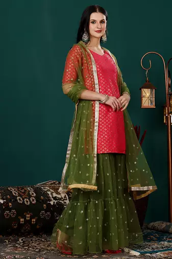 Ethnovog ready to wear pink jacquard n green net gharara suit