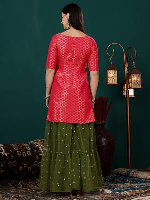 Ethnovog ready to wear pink jacquard n green net gharara suit 4