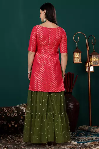 Ethnovog ready to wear pink jacquard n green net gharara suit