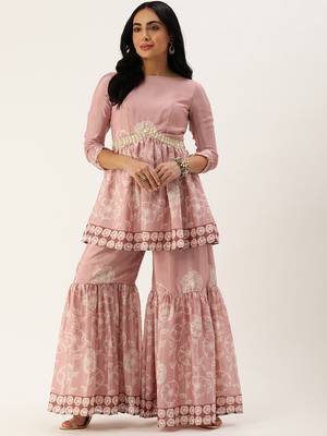 Ethnovog ready to wear pink foil print chinon alia cut kurta set 1