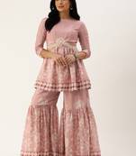Ethnovog ready to wear pink foil print chinon alia cut kurta set