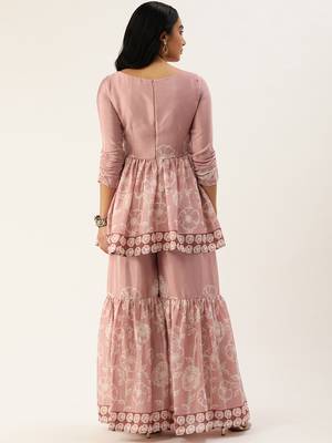 Ethnovog ready to wear pink foil print chinon alia cut kurta set 2