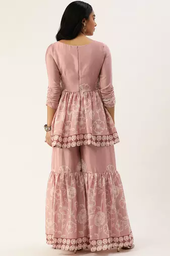 Ethnovog ready to wear pink foil print chinon alia cut kurta set