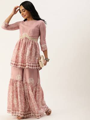 Ethnovog ready to wear pink foil print chinon alia cut kurta set 3