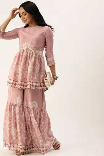 Ethnovog ready to wear pink foil print chinon alia cut kurta set