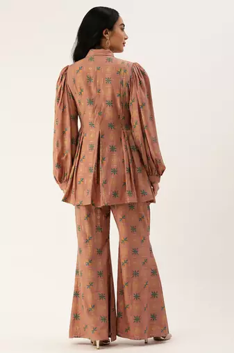 Ethnovog ready to wear peach foil print muslin co ords set