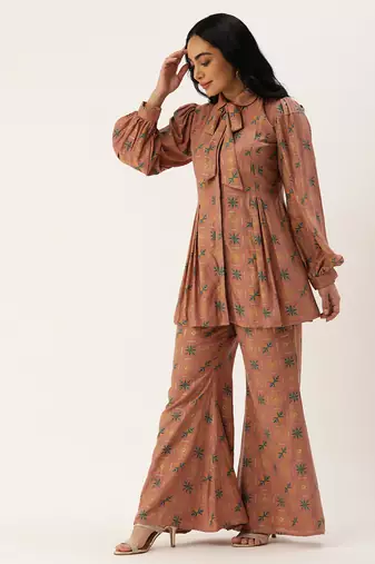 Ethnovog ready to wear peach foil print muslin co ords set