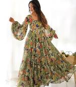 Digital Printed Georgette Gown in Olive Green