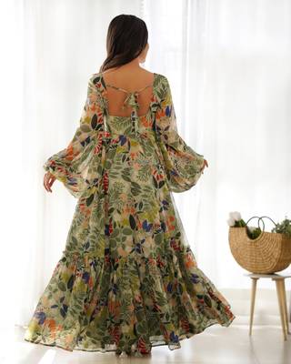 Digital Printed Georgette Gown in Olive Green 3