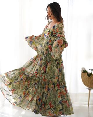 Digital Printed Georgette Gown in Olive Green 4