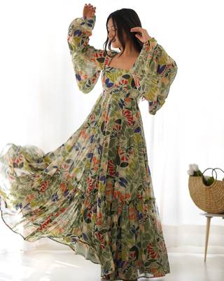 Digital Printed Georgette Gown in Olive Green 5