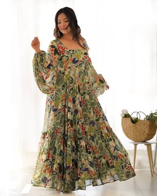 Digital Printed Georgette Gown in Olive Green 6