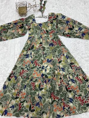 Digital Printed Georgette Gown in Olive Green 8