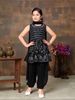 Aarika girls ethnic wear black colour sequin thread embroidery georgette kurti patiala set 1