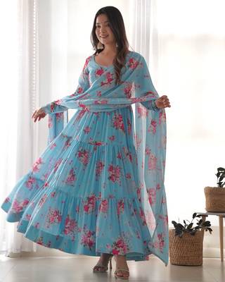 Soft Fox Georgette Floral Print Fabric Fully Flair Anarkali Kurti, With Duppta and Pent  1