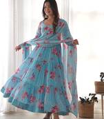 Soft Fox Georgette Floral Print Fabric Fully Flair Anarkali Kurti, With Duppta and Pent 