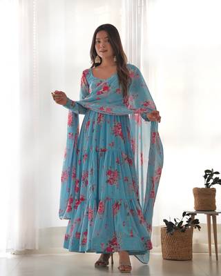 Soft Fox Georgette Floral Print Fabric Fully Flair Anarkali Kurti, With Duppta and Pent  3