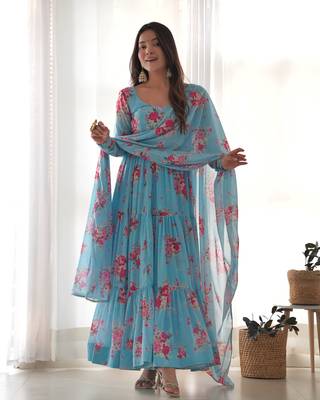 Soft Fox Georgette Floral Print Fabric Fully Flair Anarkali Kurti, With Duppta and Pent  4