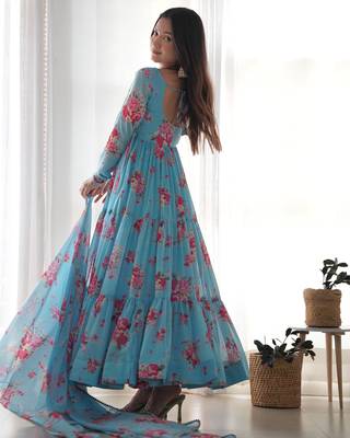 Soft Fox Georgette Floral Print Fabric Fully Flair Anarkali Kurti, With Duppta and Pent  5