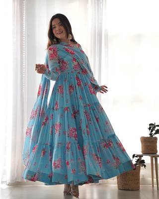 Soft Fox Georgette Floral Print Fabric Fully Flair Anarkali Kurti, With Duppta and Pent  6