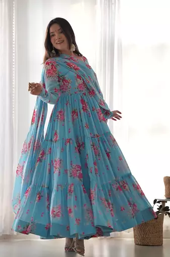 Soft Fox Georgette Floral Print Fabric Fully Flair Anarkali Kurti, With Duppta and Pent 