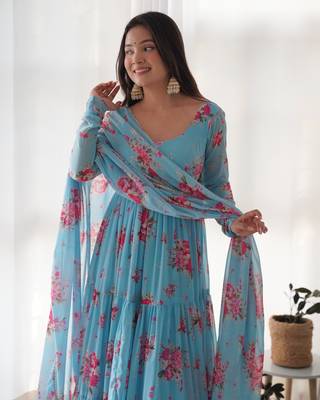 Soft Fox Georgette Floral Print Fabric Fully Flair Anarkali Kurti, With Duppta and Pent  7