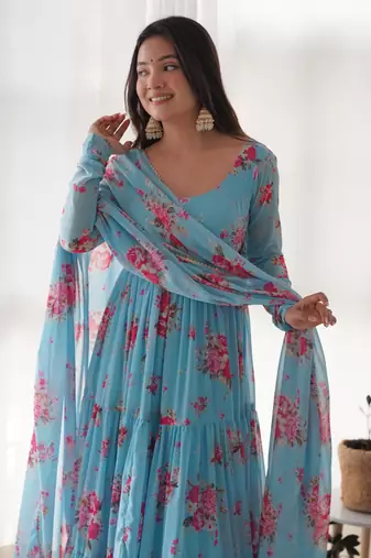 Soft Fox Georgette Floral Print Fabric Fully Flair Anarkali Kurti, With Duppta and Pent 
