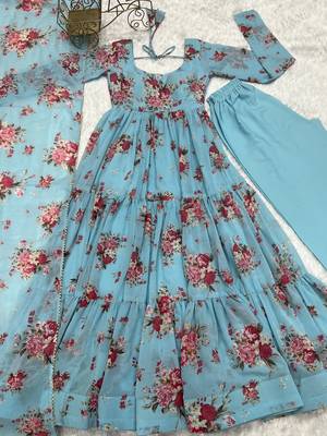 Soft Fox Georgette Floral Print Fabric Fully Flair Anarkali Kurti, With Duppta and Pent  8