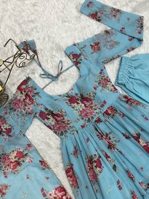 Soft Fox Georgette Floral Print Fabric Fully Flair Anarkali Kurti, With Duppta and Pent  9