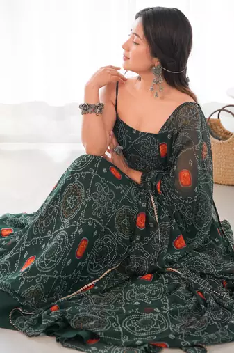 Pure Soft Lightweight Chiffon Fabric Bandhej Print Fully Flair Gown, Dupatta And Pent