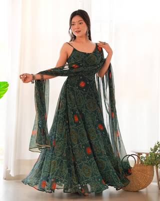 Pure Soft Lightweight Chiffon Fabric Bandhej Print Fully Flair Gown, Dupatta And Pent 1