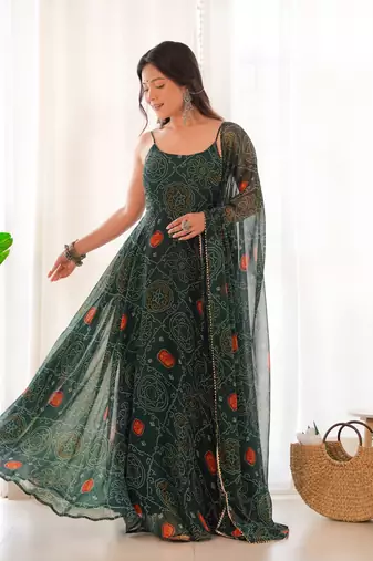 Pure Soft Lightweight Chiffon Fabric Bandhej Print Fully Flair Gown, Dupatta And Pent