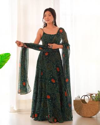 Pure Soft Lightweight Chiffon Fabric Bandhej Print Fully Flair Gown, Dupatta And Pent 7