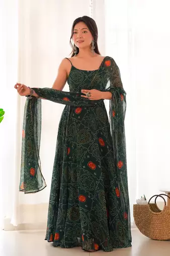 Pure Soft Lightweight Chiffon Fabric Bandhej Print Fully Flair Gown, Dupatta And Pent