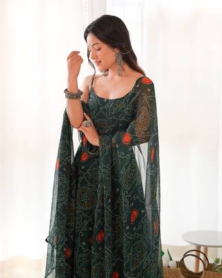 Pure Soft Lightweight Chiffon Fabric Bandhej Print Fully Flair Gown, Dupatta And Pent 8