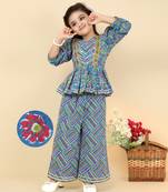 girls blue three fourth sleeves cotton printed & embellished  kurta with coordinating palazzo set